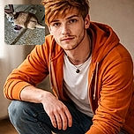 A curious orange and white cat sits on a linoleum floor next to a small pink sock with cartoon characters, surrounded by some scattered items and shadows from nearby furniture.