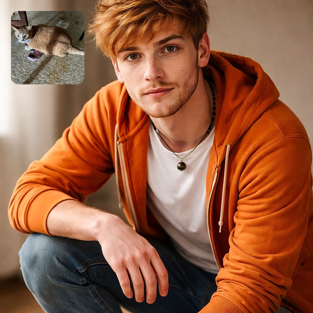 A curious orange and white cat sits on a linoleum floor next to a small pink sock with cartoon characters, surrounded by some scattered items and shadows from nearby furniture.