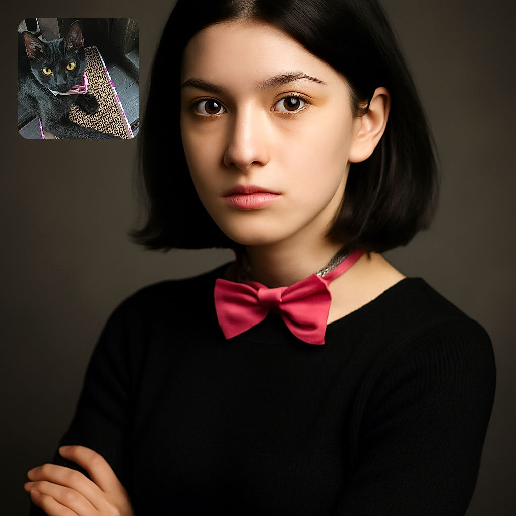 A sleek black cat with striking yellow eyes lounges comfortably on a textured cardboard scratcher, surrounded by dark wooden planks. The cat's curious gaze is fixed on the camera, its pink collar adding a pop of color to the moody scene.