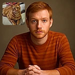 A cozy ginger tabby cat lounges comfortably on a soft couch, with a colorful pillow featuring a red and black design in the background. The cat's green eyes gaze attentively at the camera, giving off a calm and relaxed vibe in a warm indoor setting.