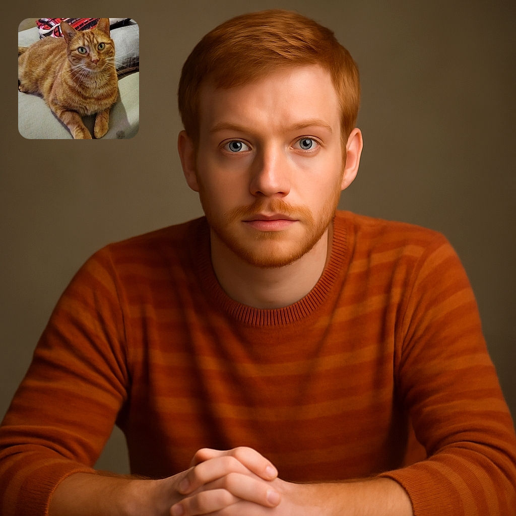 A cozy ginger tabby cat lounges comfortably on a soft couch, with a colorful pillow featuring a red and black design in the background. The cat's green eyes gaze attentively at the camera, giving off a calm and relaxed vibe in a warm indoor setting.