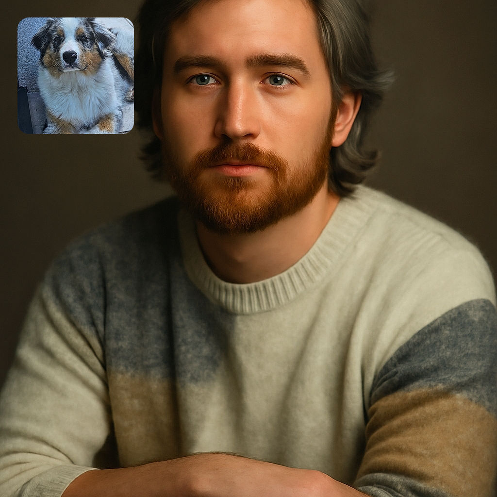 A fluffy Australian Shepherd dog lounges calmly on a tiled floor next to a textured wall, looking serenely into the camera with soulful eyes. The photo captures the dog's soft fur and gentle expression in natural light, with a subtle text overlay in the corner indicating the device used to capture the image.