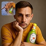 A small tan dog lies on a patterned blanket looking thoughtfully to the side, next to a bright green plush toy shaped like a beer bottle labeled 'Dos Patas Cerveza'. The cozy setting and the dog's calm expression make for a charming, casual snapshot.