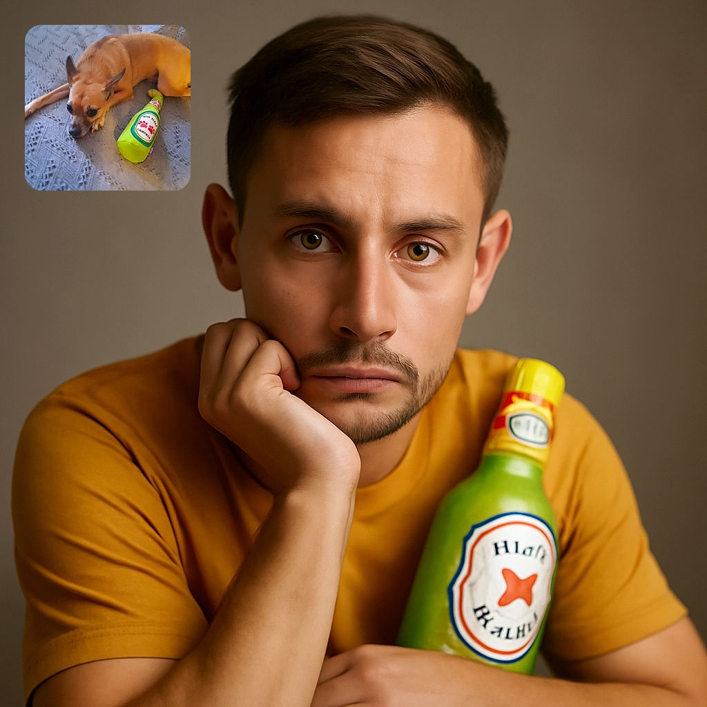 A small tan dog lies on a patterned blanket looking thoughtfully to the side, next to a bright green plush toy shaped like a beer bottle labeled 'Dos Patas Cerveza'. The cozy setting and the dog's calm expression make for a charming, casual snapshot.