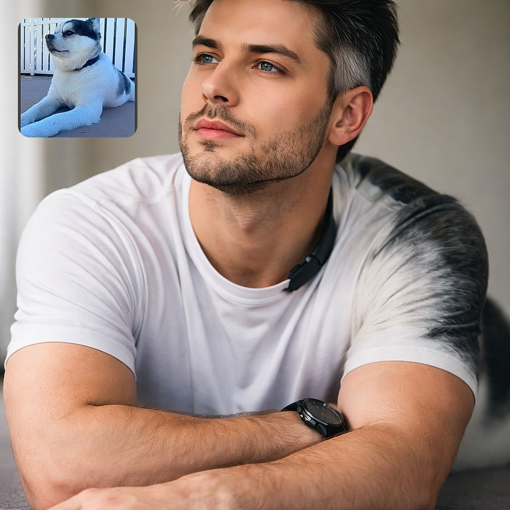 A dignified fluffy husky-labrador mix lounges like royalty in front of a pristine white picket fence, slightly sticking its tongue out in a very polite 'I am pleased' expression — all captured in a phone screenshot that doubles as modern-day canine portraiture.