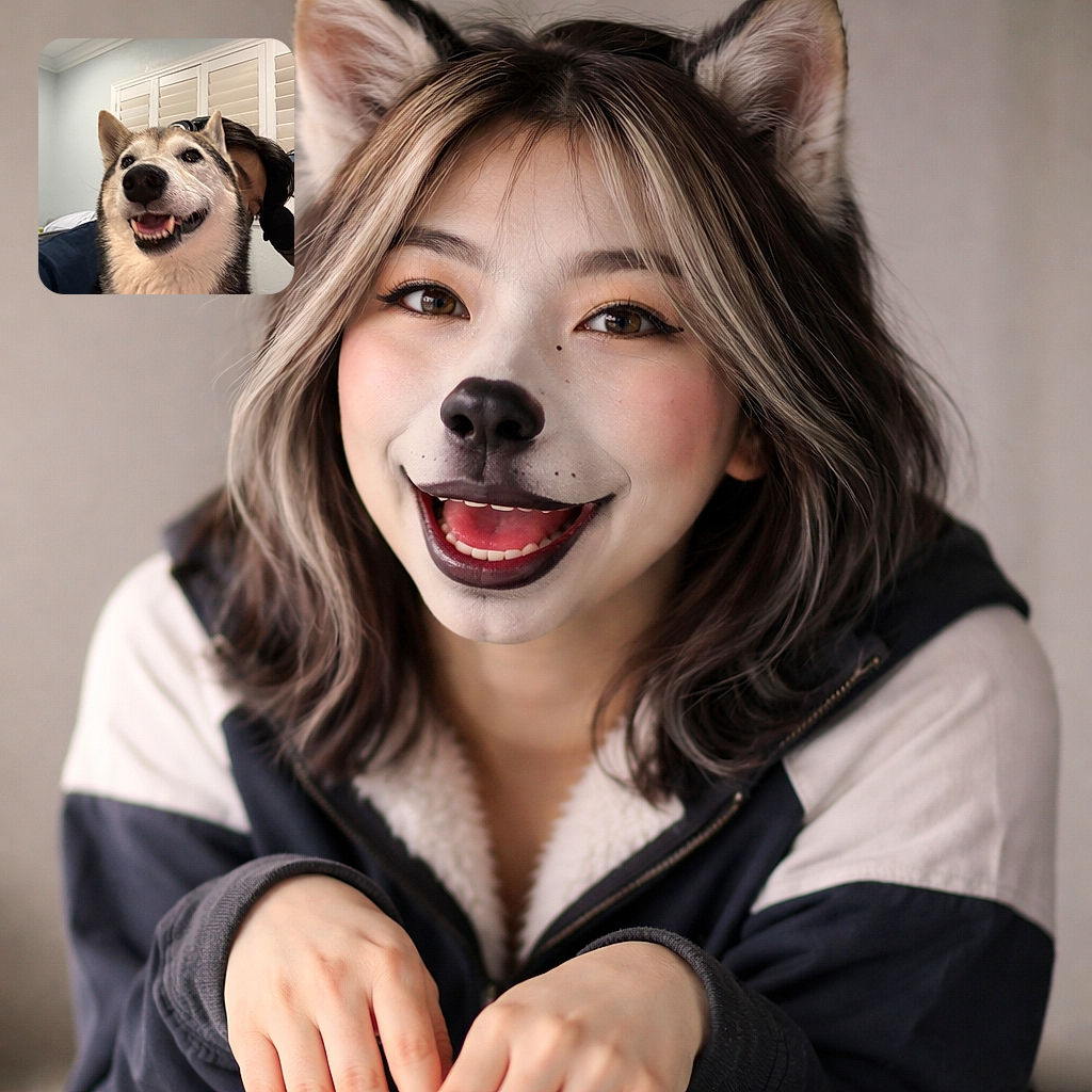 A happy husky dog takes center stage in a close-up selfie, with a person partially hidden behind it, creating a playful and cozy vibe indoors.