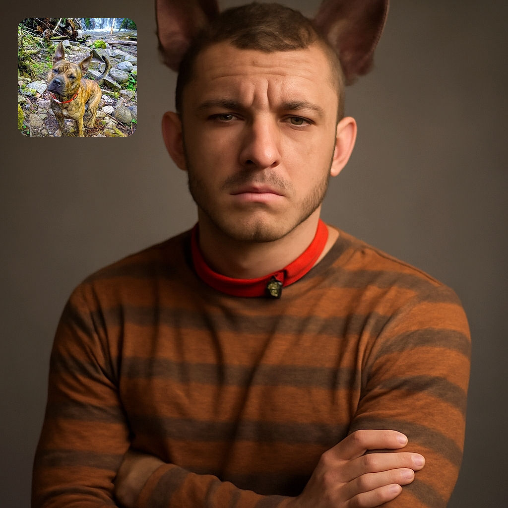 A curious brindle dog with a bright red collar stands on a rocky forest floor near a small waterfall, tilting its head as if pondering the mysteries of nature or the next adventure.