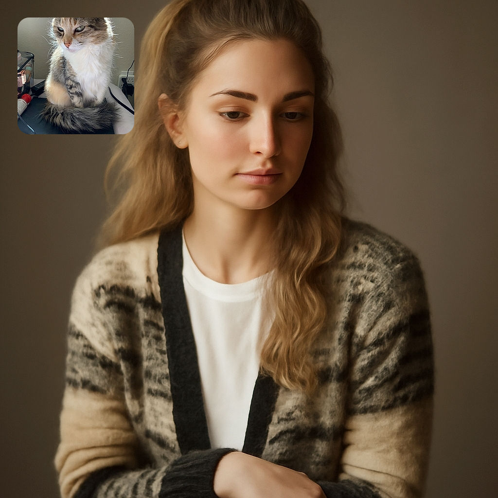 A fluffy cat with a majestic tail is sitting gracefully on a closed laptop, basking in the soft sunlight streaming through a nearby window. The cozy indoor setting includes a makeup bag and some cables, adding a touch of everyday life to the serene feline portrait.