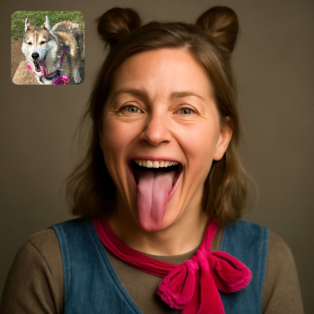 A happy husky with a big pink tongue hanging out, sporting a bright pink bandana with a bow, standing on a concrete slab with green grass in the background. The dog looks like it just finished a fun play session and is smiling for the camera.