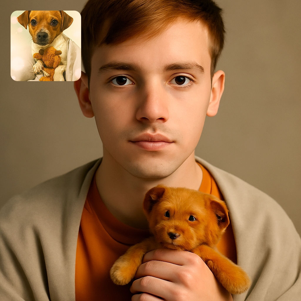 A heart-melting close-up of a small dog wrapped snugly in a blanket, clutching a fuzzy stuffed toy like its most prized possession, with soft bokeh lights adding a dreamy, cozy vibe.