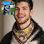 A happy Husky dog wearing a colorful bandana sits on lush green grass in a sunny park, with a bright blue sky and trees in the background, looking like it's enjoying a perfect day out.