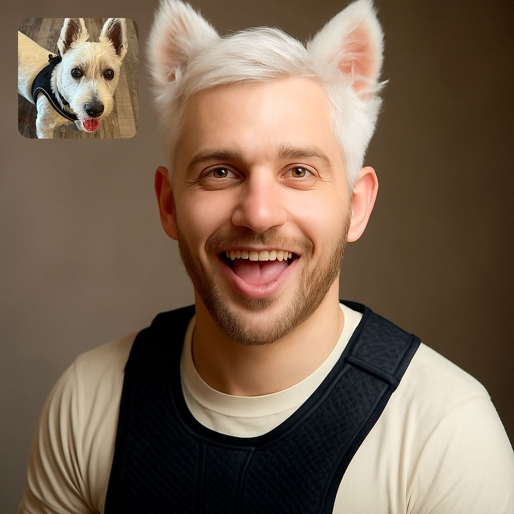 A charming white dog with big, expressive eyes and perky ears looks up eagerly, tongue out, wearing a black harness on a wooden floor background, radiating pure joy and curiosity.