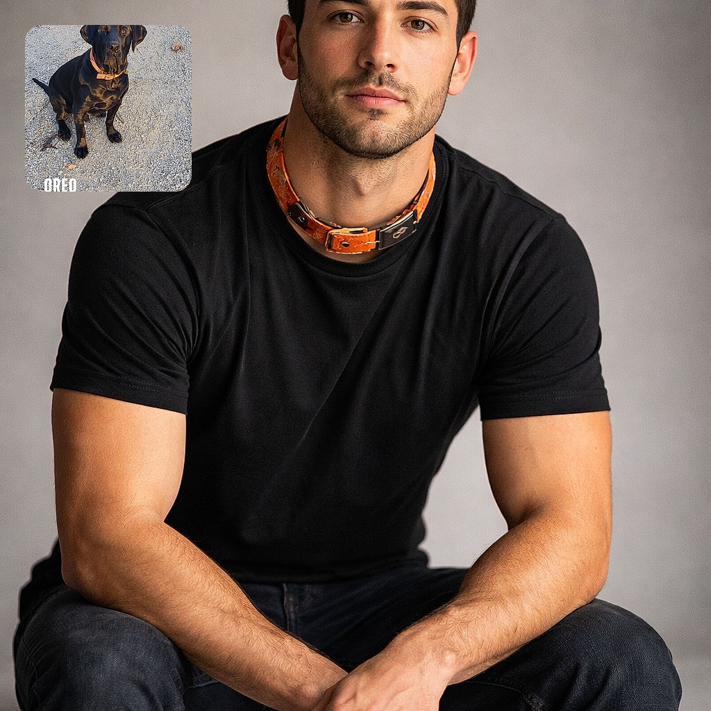 A shiny black dog with a bright orange collar sits obediently on a gravel path, looking up with soulful eyes. The photo captures the warm light of the setting sun, highlighting the dog's glossy coat. The word 'OREO' is boldly overlaid near the dog's front paws, adding a playful touch to the scene.