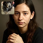 A fluffy dog with soulful eyes lounges on a textured couch, its paws crossed like a tiny canine philosopher deep in thought or maybe just waiting for a treat.