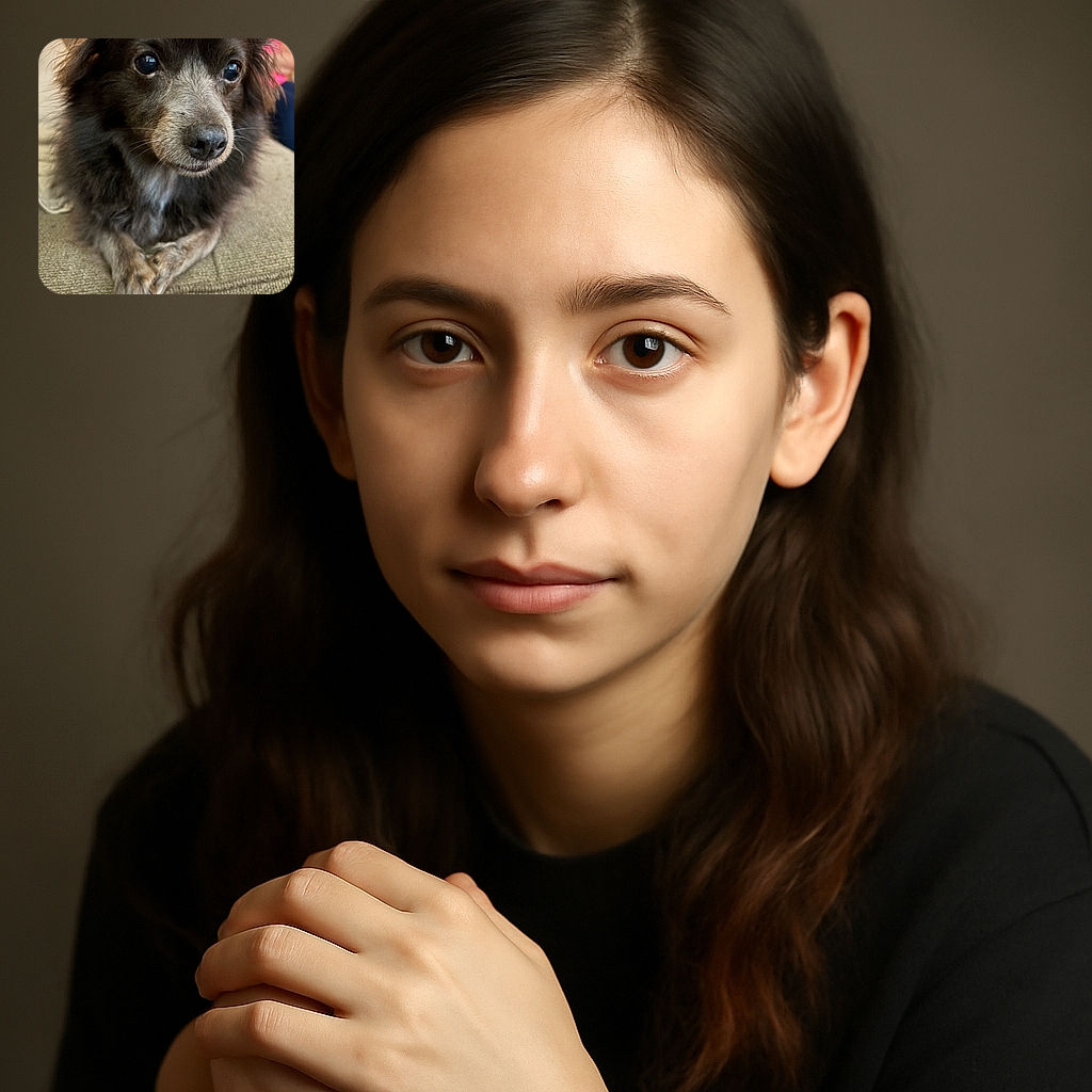 A fluffy dog with soulful eyes lounges on a textured couch, its paws crossed like a tiny canine philosopher deep in thought or maybe just waiting for a treat.