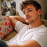 A cozy scene featuring a white and brown dog lounging comfortably on a couch next to a person's leg. The dog is looking back at the camera with a calm and curious expression. A colorful floral cushion adds a pop of color to the otherwise neutral-toned room with wooden floors and elegant chairs visible in the background.