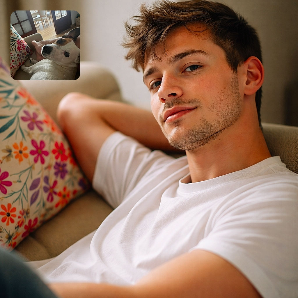 A cozy scene featuring a white and brown dog lounging comfortably on a couch next to a person's leg. The dog is looking back at the camera with a calm and curious expression. A colorful floral cushion adds a pop of color to the otherwise neutral-toned room with wooden floors and elegant chairs visible in the background.