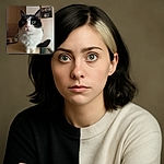 A curious black and white cat with striking green eyes stares intently, sitting on a surface with a slightly blurred indoor background that includes a bulletin board with photos.