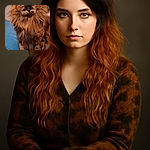 A fluffy tortoiseshell cat with strikingly large eyes sits regally on a blue cushion, surrounded by a cozy indoor setting with bookshelves blurred in the background. The cat's fur looks soft and voluminous, making it appear like a tiny lion surveying its kingdom.