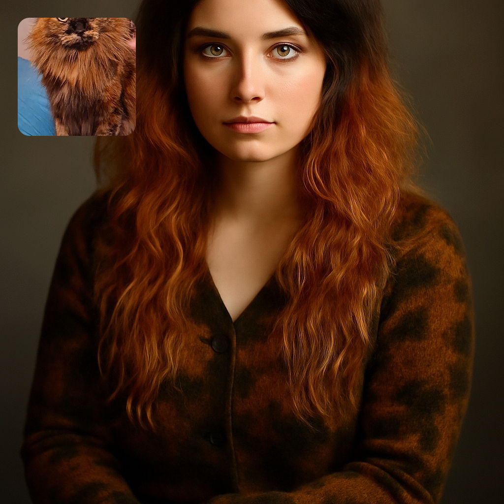 A fluffy tortoiseshell cat with strikingly large eyes sits regally on a blue cushion, surrounded by a cozy indoor setting with bookshelves blurred in the background. The cat's fur looks soft and voluminous, making it appear like a tiny lion surveying its kingdom.