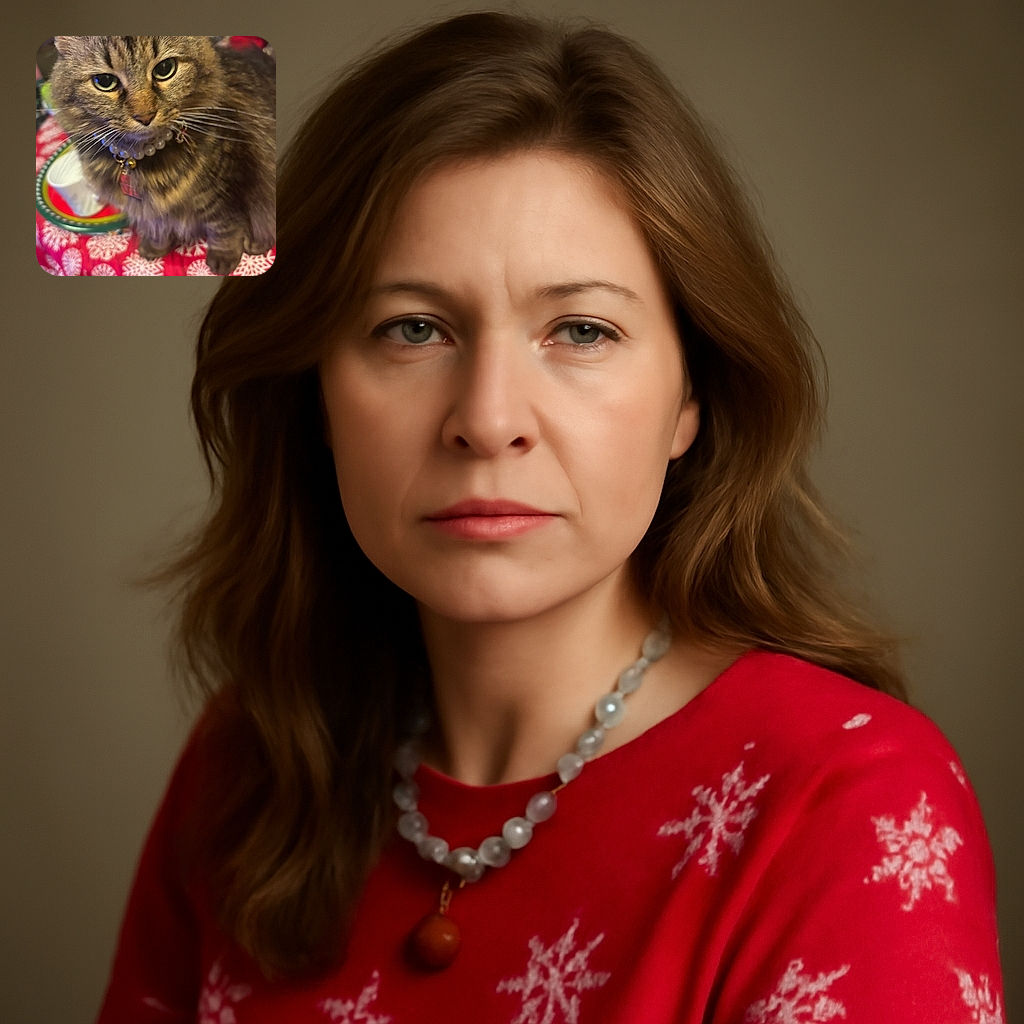 A fluffy tabby cat with striking green eyes and a pearl necklace looks curiously at the camera while sitting on a festive red tablecloth decorated with white snowflakes, surrounded by colorful plates and cups.