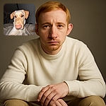 A close-up photo of a light-colored dog with a big pink nose looking directly at the camera, lying on a rumpled bed with neutral-colored sheets in a dimly lit room.