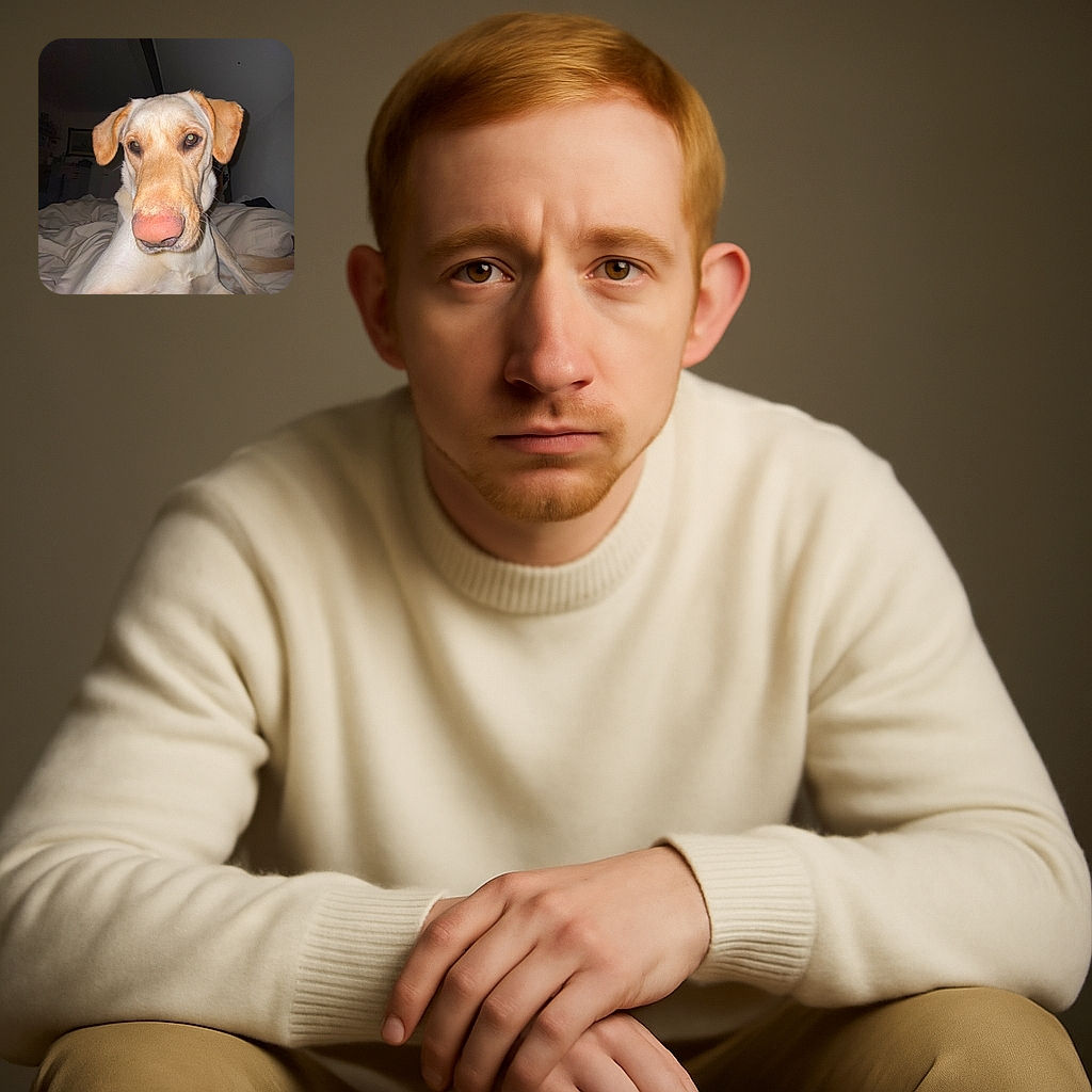 A close-up photo of a light-colored dog with a big pink nose looking directly at the camera, lying on a rumpled bed with neutral-colored sheets in a dimly lit room.