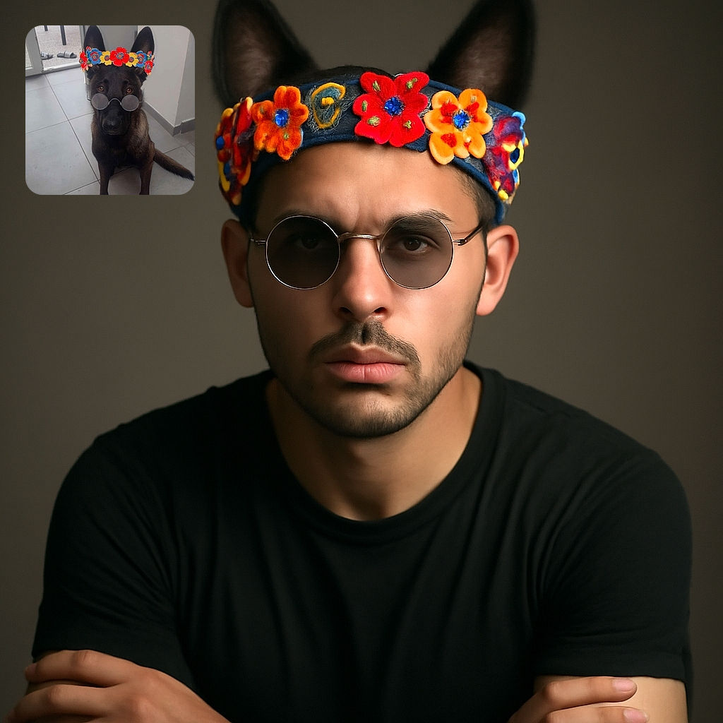 A serious-looking dog wearing a colorful flower crown and round sunglasses sits patiently on a tiled floor indoors, looking like it's ready for a summer music festival or a quirky photo shoot.