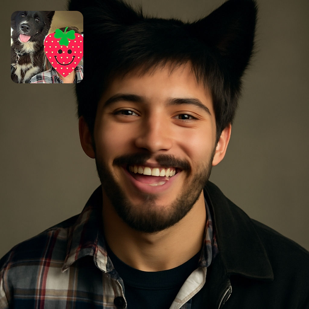 A happy black and white dog with its tongue out poses next to a person whose face is covered by a playful strawberry emoji, both sitting inside a car. The person wears a plaid shirt and a necklace, while the dog looks excited and attentive.