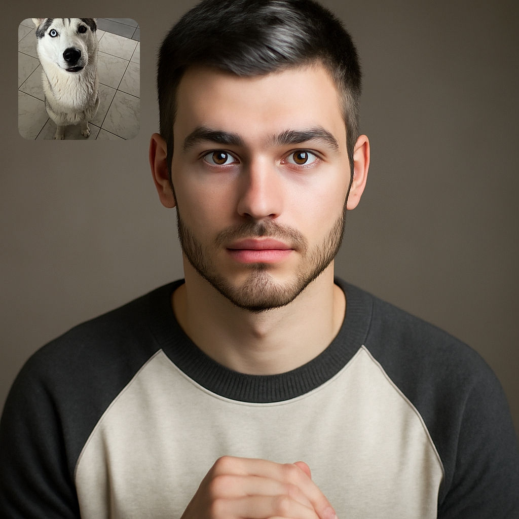 A charming Siberian Husky with striking heterochromia (one blue eye, one brown eye) sits attentively on a tiled floor, giving the camera a curious and slightly goofy look, as if ready to pose for his close-up or maybe just waiting for a treat.