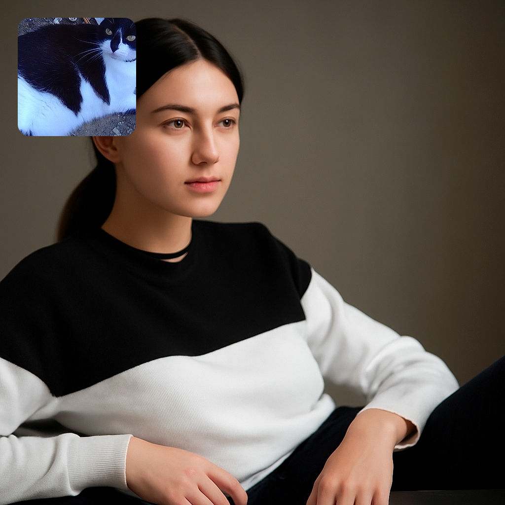 A black and white cat lounges on a rough dirt surface, looking off to the side with curious yellow eyes. The background is cluttered with small debris and a piece of white material, giving a casual outdoor vibe.