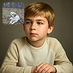 A fluffy puppy with soulful eyes lounges on a bed of dry leaves, clutching a bone like a prized treasure while surrounded by a quiet, leaf-strewn forest clearing.