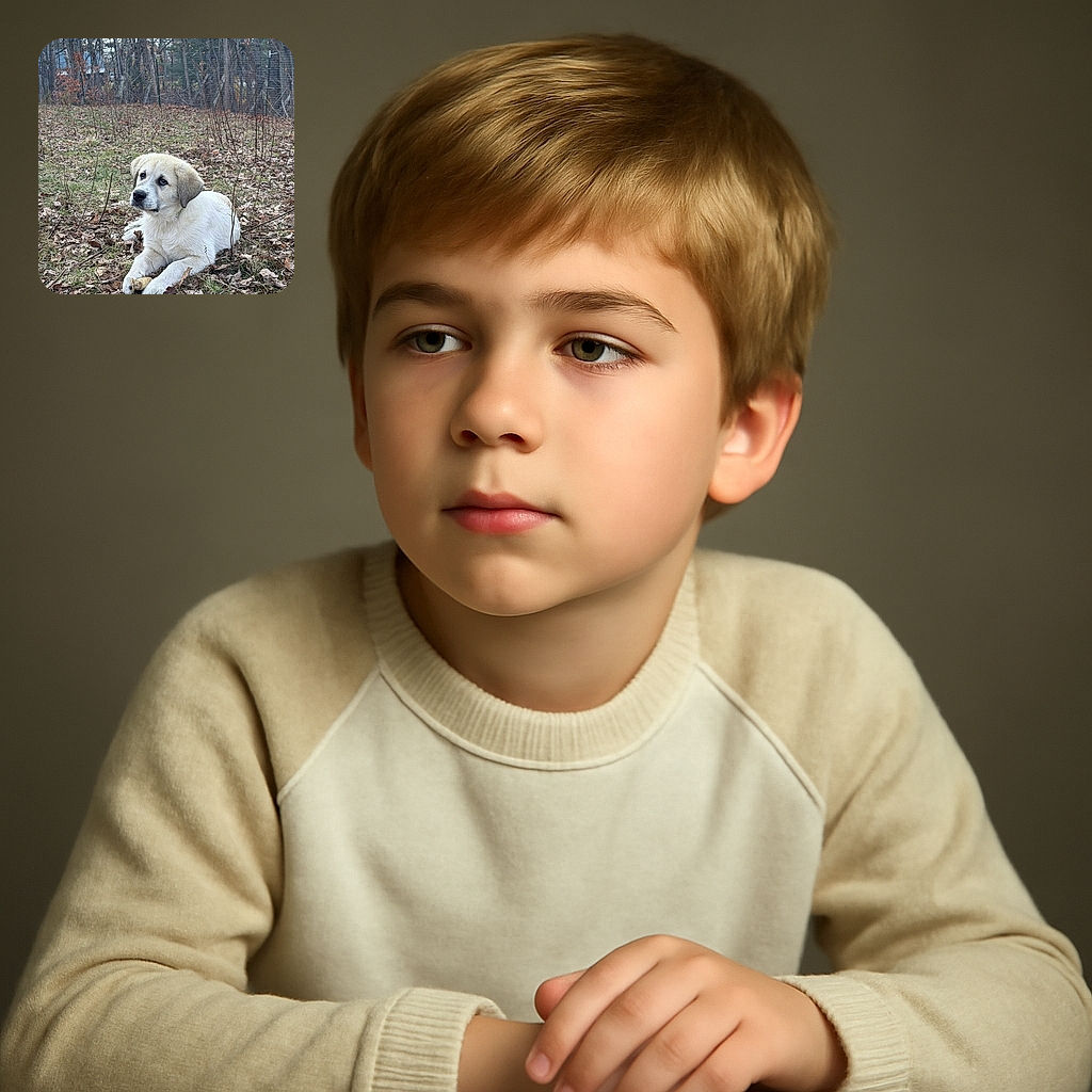 A fluffy puppy with soulful eyes lounges on a bed of dry leaves, clutching a bone like a prized treasure while surrounded by a quiet, leaf-strewn forest clearing.