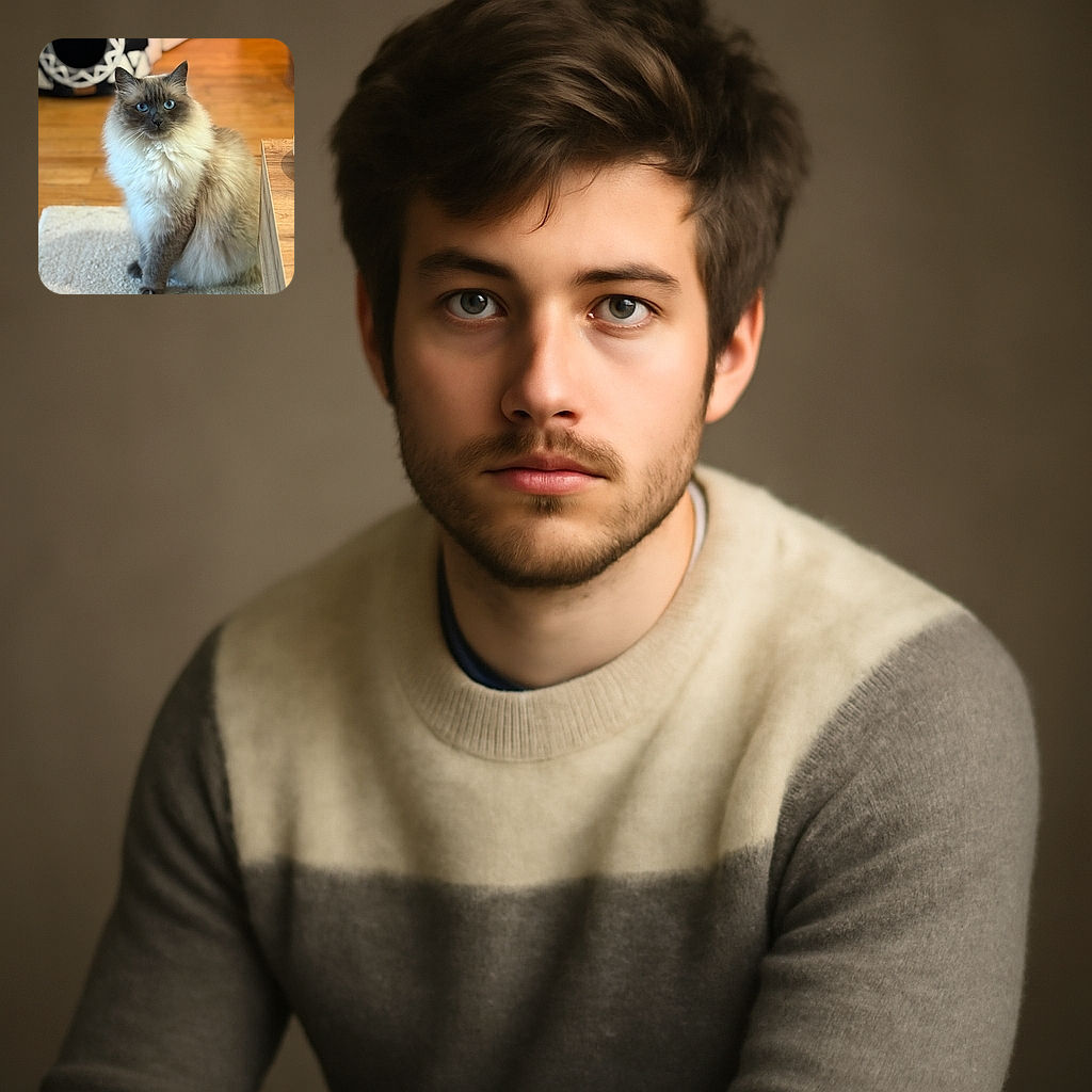 A majestic fluffy cat with piercing blue eyes sits gracefully on a soft rug, looking directly at the camera with an almost regal poise. The warm wooden floor and cozy cat bed in the background add a homely touch to this well-composed indoor portrait.
