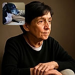 A wise-looking black and white dog with a touch of gray on its face lounges on a cozy beige blanket, gazing thoughtfully to the side. Behind, a polka-dotted pillow and some stuffed toys add a homey vibe to the scene.
