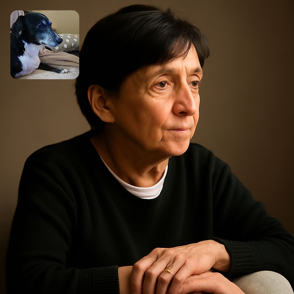 A wise-looking black and white dog with a touch of gray on its face lounges on a cozy beige blanket, gazing thoughtfully to the side. Behind, a polka-dotted pillow and some stuffed toys add a homey vibe to the scene.