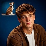 A beautifully groomed brown-and-white puppy sits like a tiny canine model on a gray platform, gazing at the camera with the serious expression of someone waiting for their magazine cover. The rich blue studio background makes the fluffy superstar pop.