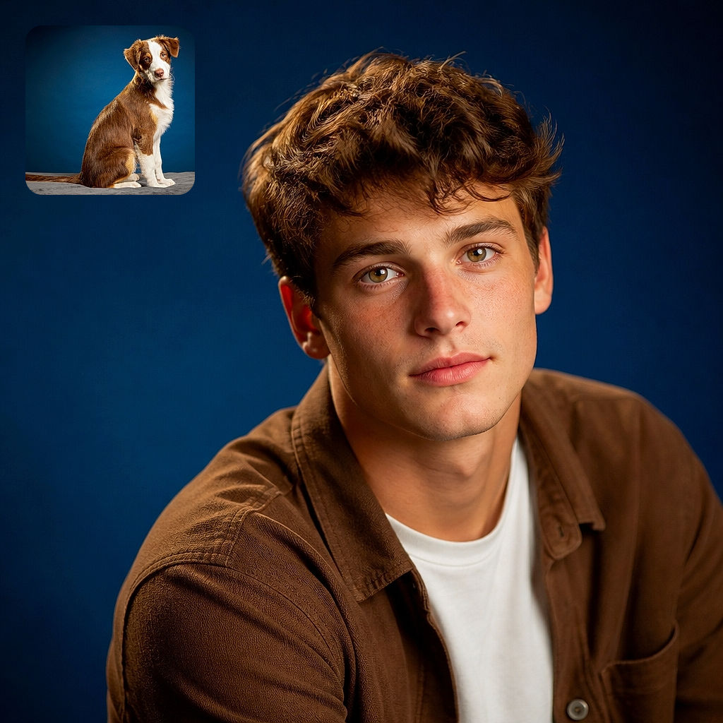 A beautifully groomed brown-and-white puppy sits like a tiny canine model on a gray platform, gazing at the camera with the serious expression of someone waiting for their magazine cover. The rich blue studio background makes the fluffy superstar pop.