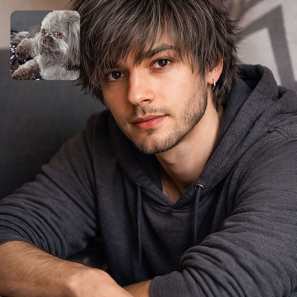 A fluffy, grumpy-looking small dog lounges on a patterned blanket on the couch, one tiny fang peeking out as if it just remembered a secret — soft fur, soulful brown eyes, and a decorative pillow and wooden furniture in the background.