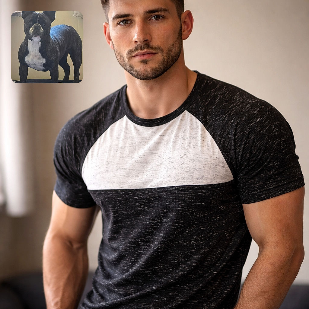 A dignified brindle French Bulldog stands on a bed like a tiny, serious security guard — massive bat ears perked, white chest badge on display, and a stoic face that clearly judges your snack choices. Soft window light outlines the silhouette; curtains and a plain wall make the pup the undeniable star.