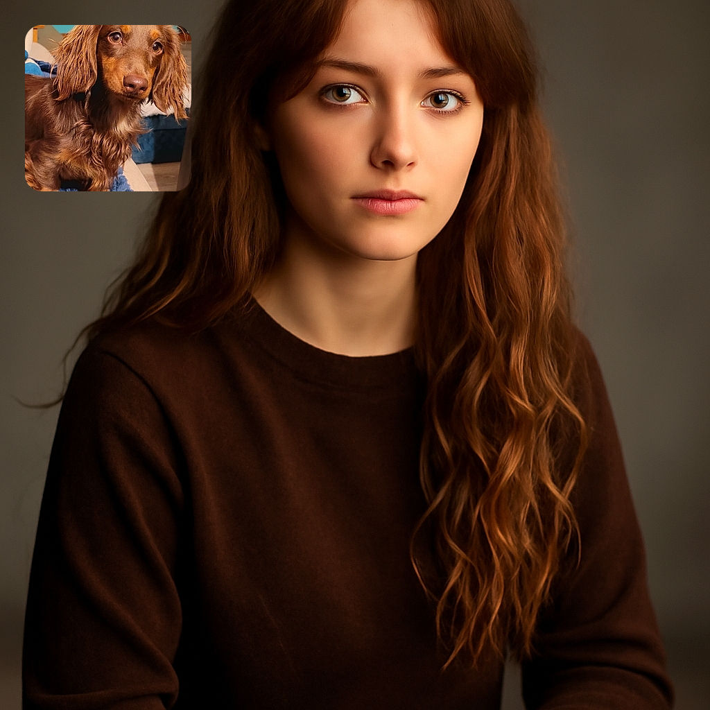 A charming brown long-haired dog with soulful eyes sits on a cozy blue blanket, looking curiously off-camera. The background shows a casual home setting with a bicycle and furniture, giving a warm and relaxed vibe.