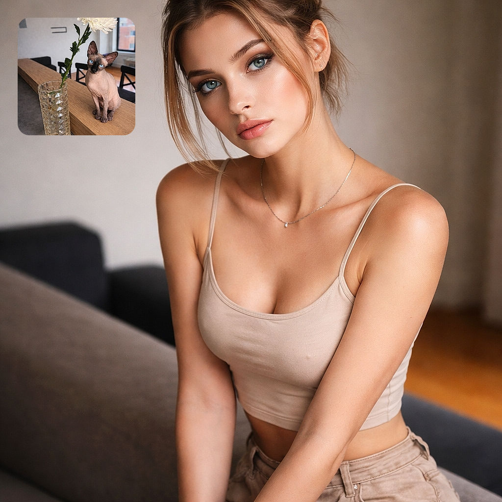 A regal sphynx cat with piercing blue eyes perches like a tiny bald monarch beside a tall crystal vase holding a single oversized white chrysanthemum — living-room minimalism meets dramatic feline attitude. The flower leans elegantly over the cat, which stares straight at the camera as if judging your houseplants and life choices.