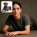 A majestic Great Dane is lounging with a relaxed yet curious expression, tongue slightly out, against a clean white background that makes its sleek gray coat stand out like a canine superstar.