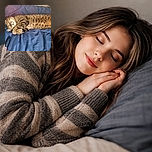 A cozy tabby cat is curled up and snoozing peacefully on a blue blanket, looking like it's dreaming of endless catnip fields. Nearby, a denim fabric and a pink-handled lint roller add a touch of everyday life to the scene.