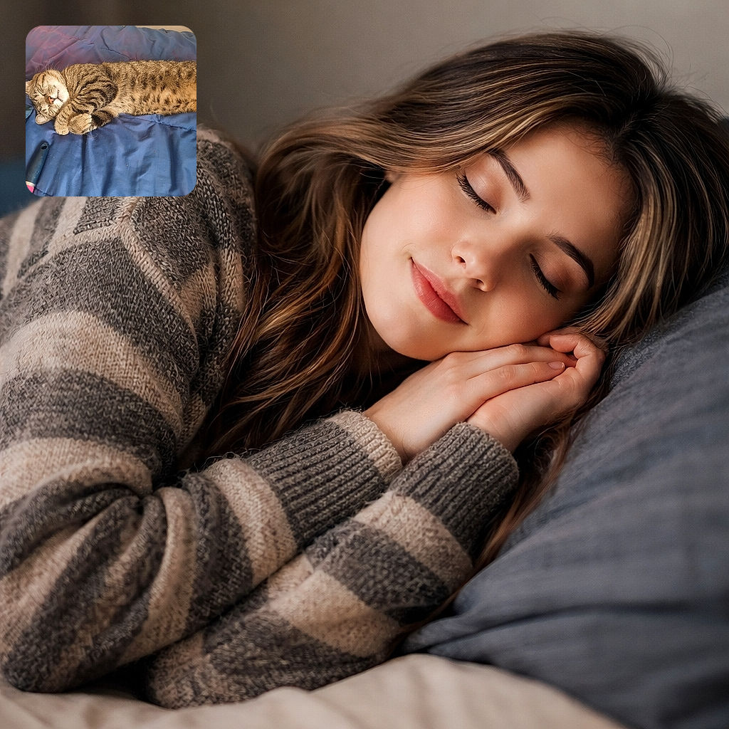 A cozy tabby cat is curled up and snoozing peacefully on a blue blanket, looking like it's dreaming of endless catnip fields. Nearby, a denim fabric and a pink-handled lint roller add a touch of everyday life to the scene.