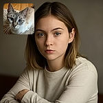 A curious cat with striking blue eyes gazes directly at the camera, standing on a soft beige rug with wooden flooring in the background. The close-up shot captures the fine details of the cat's fur and whiskers, highlighting its attentive expression.