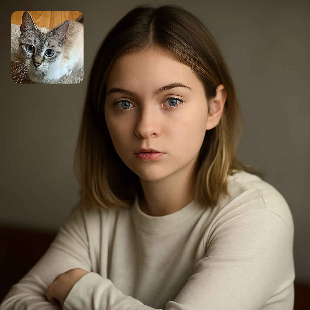 A curious cat with striking blue eyes gazes directly at the camera, standing on a soft beige rug with wooden flooring in the background. The close-up shot captures the fine details of the cat's fur and whiskers, highlighting its attentive expression.