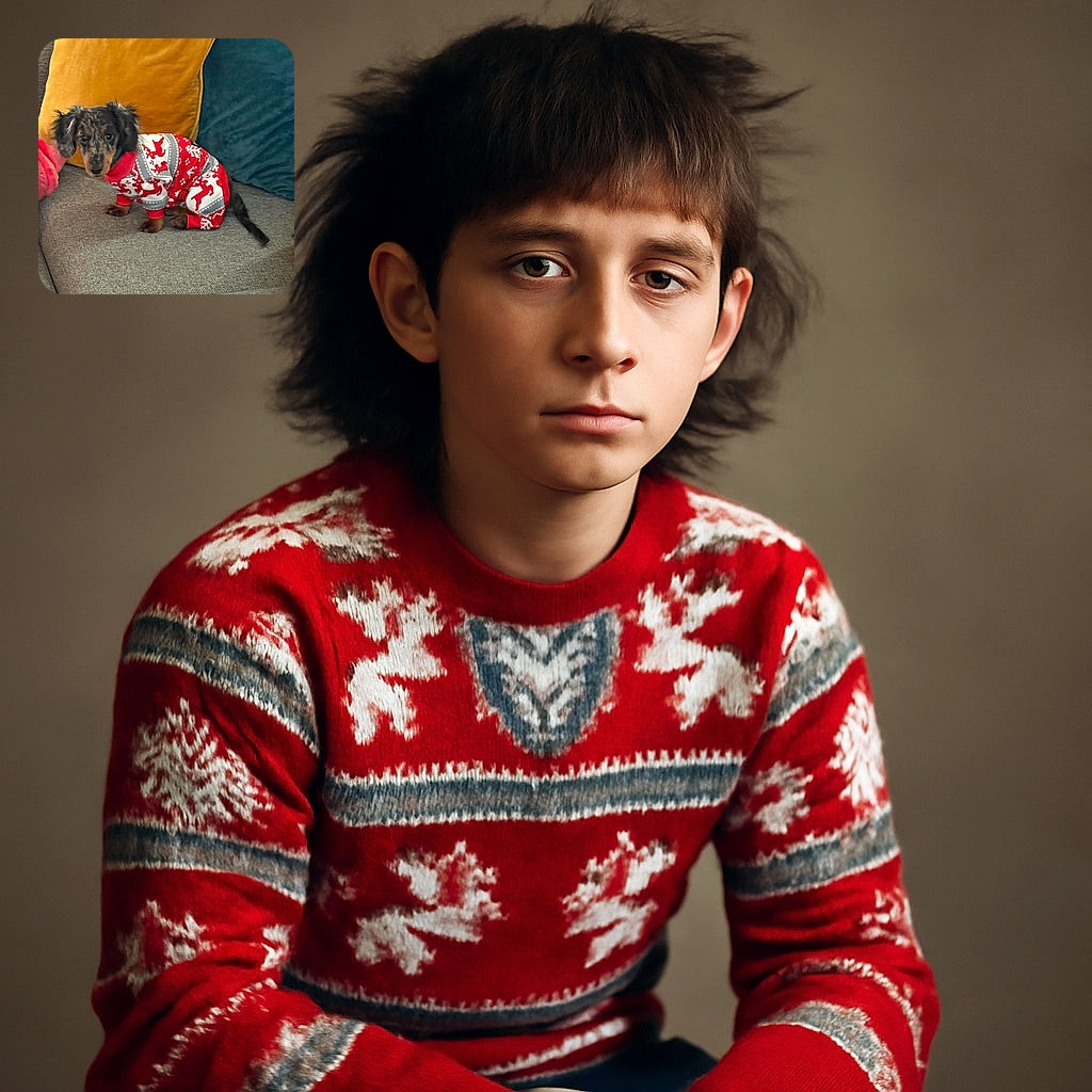 A small dog wearing a festive red and white reindeer-patterned onesie sits adorably on a gray couch with colorful pillows in the background, looking curiously at the camera.