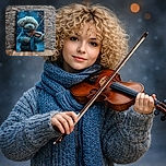 A charming and whimsical image of a dog dressed in a cozy sweater and scarf, playing a violin with a dreamy, artistic background. The photo is actually a printed artwork displayed against a rustic stone wall, blending cuteness with creativity.
