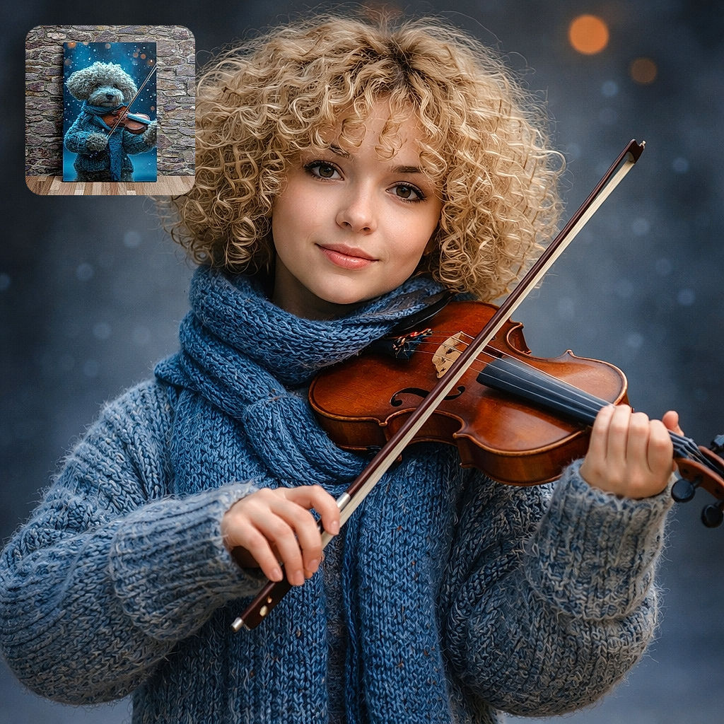 A charming and whimsical image of a dog dressed in a cozy sweater and scarf, playing a violin with a dreamy, artistic background. The photo is actually a printed artwork displayed against a rustic stone wall, blending cuteness with creativity.